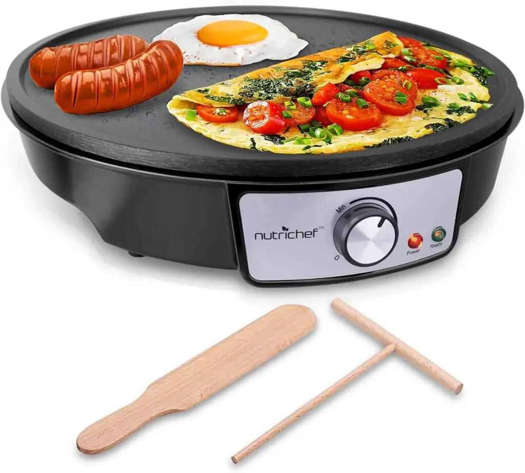 NutriChef Electric Griddle Crepe Maker | Nonstick 12 Inch Hot Plate Cooktop | Adjustable Temperature Control | Batter Spreader Wooden Spatula | Used Also For Pancakes, Blintzes Eggs