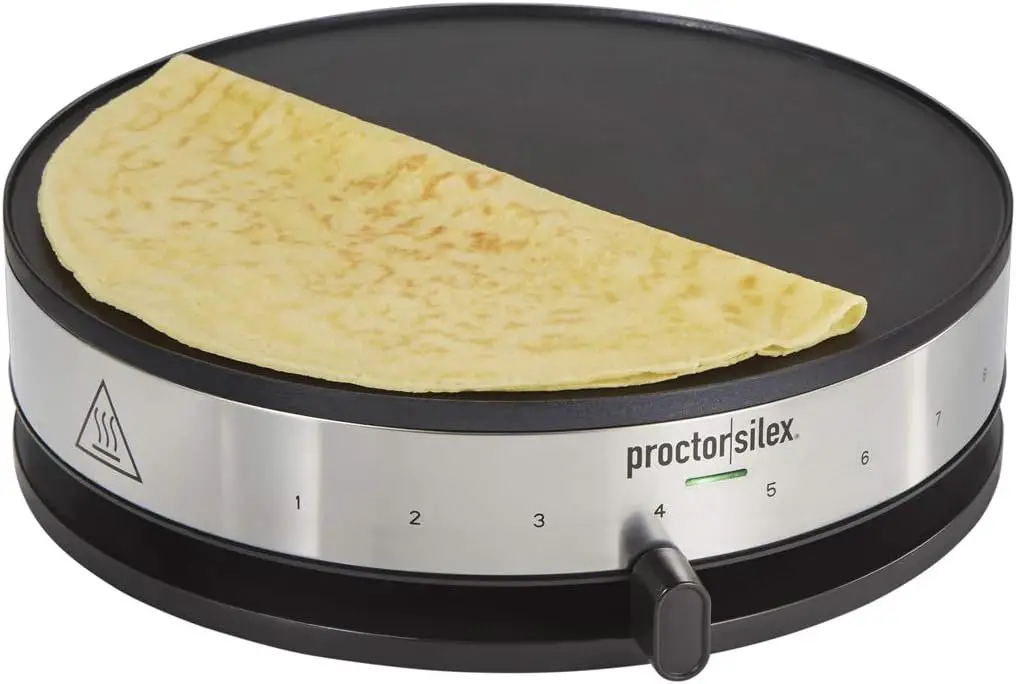 Proctor Silex Electric Crepe Maker with 13” Nonstick Griddle for Eggs, Pancakes, Omelets and Quesadillas, with Temperature Control, Spatula, Spreader, Batter Cup, Stainless Steel (38400PS)