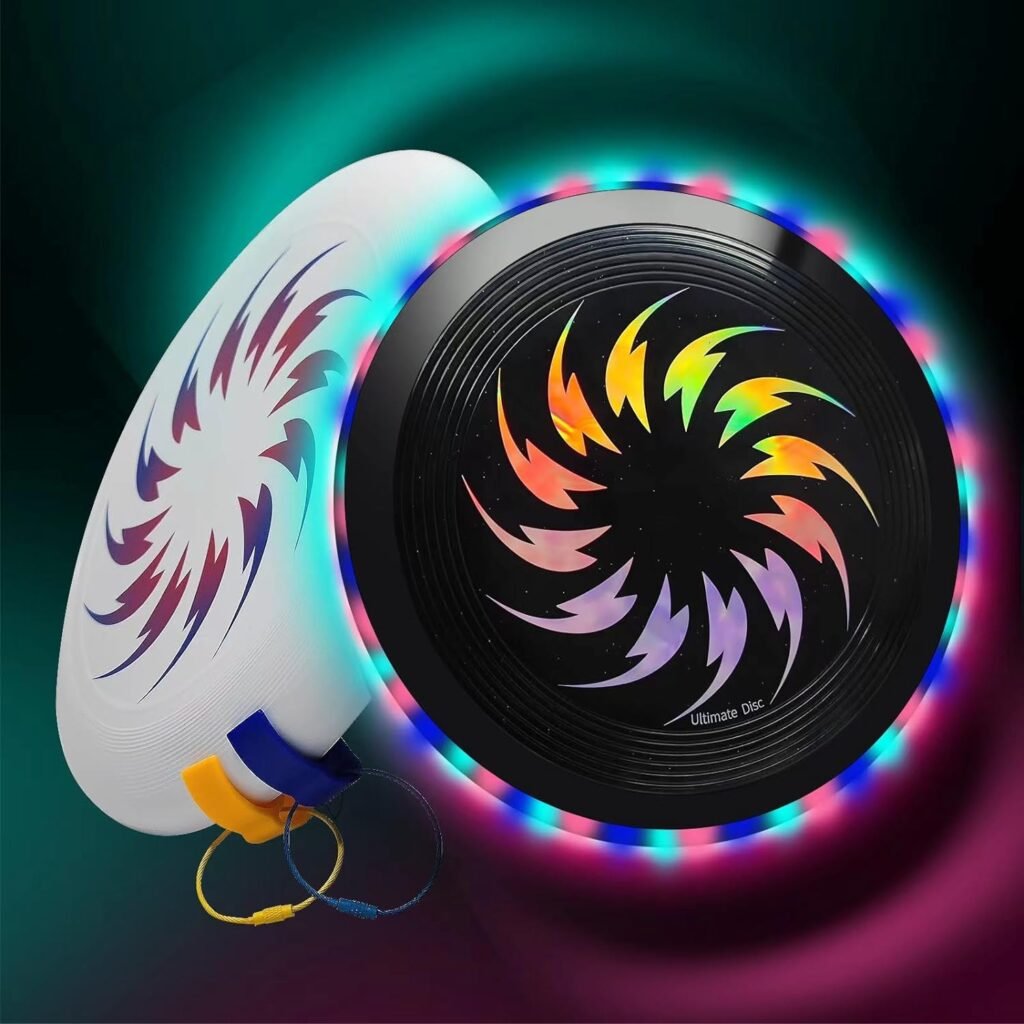 Scircoo 2PCS 108 LEDs Ultimate Flying Disc-4 Colors Variable Light 6 Smart Modes, with 2 Disc Hooks White Ultimate disc, Auto Light up in The Dark