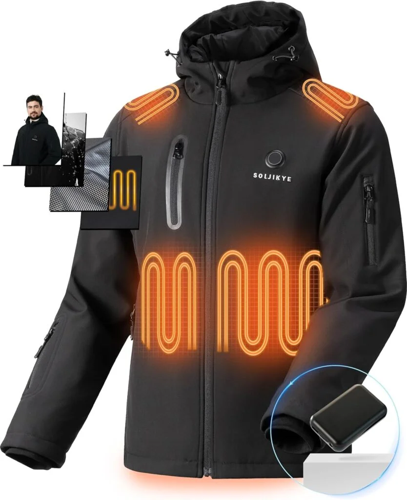 SOLJIKYE Heated Jackets for Men with Battery Pack, Winter Windproof Soft Shell Electric Heated Coat, Black