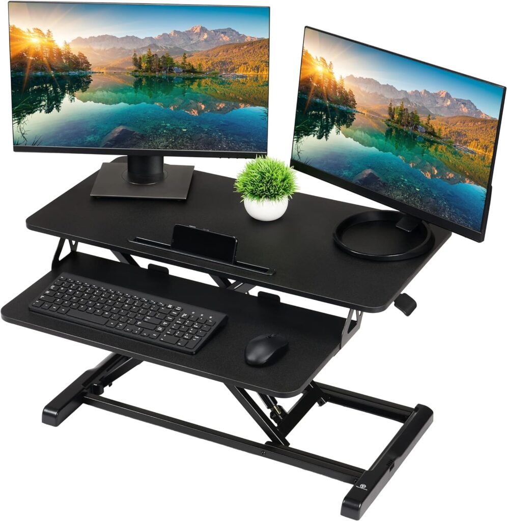 TechOrbits Standing Desk Converter - 32 Inch Adjustable Sit to Stand Up Desk Workstation, Particle Board, Dual Monitor Desk Riser with Keyboard Tray, Desktop Riser for Home Office Laptop, Black 32