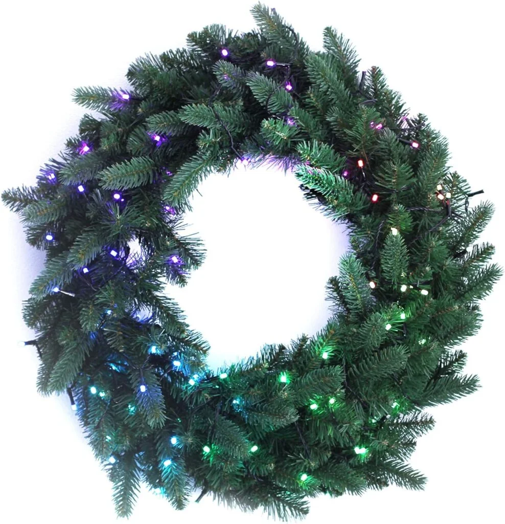 Twinkly Pre-Lit Wreath – App-Controlled LED Artificial Christmas Wreath with 50 RGB+W (16 Million Colors + Warm White) LEDs. 2 Feet Diameter. Green Wire. Indoor Smart Christmas Lighting Decoration