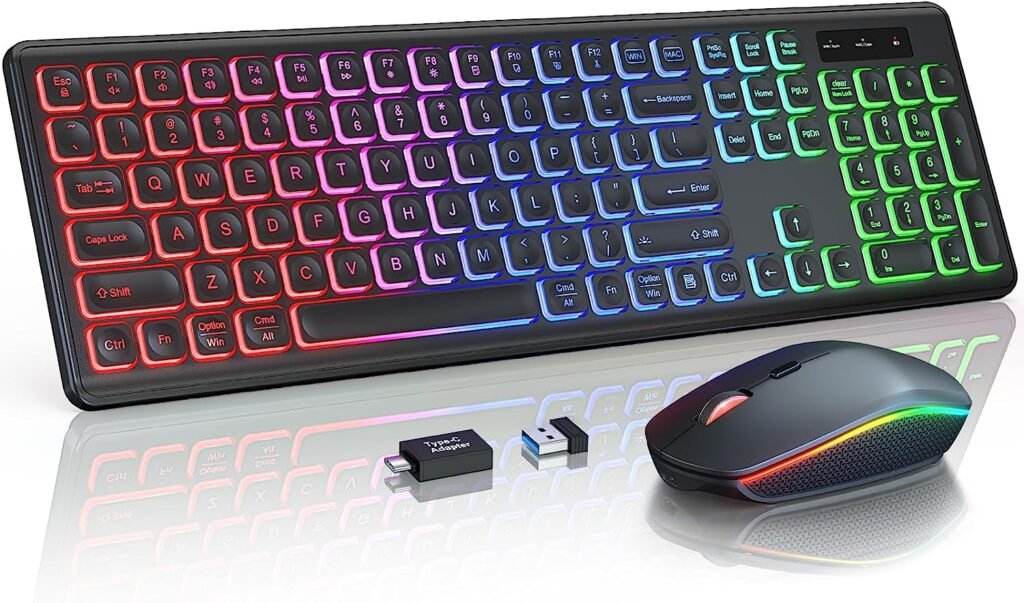 Wireless Keyboard and Mouse Combo - RGB Backlit, Rechargeable Light Up Letters, Full-Size, Ergonomic Tilt Angle, Sleep Mode, 2.4GHz Quiet Keyboard Mouse for Mac, Windows, Laptop, PC, Trueque(Black)