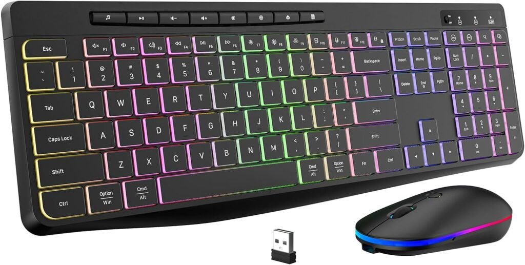 Wireless Keyboard and Mouse Combo with Backlit,2.4G Full Size Keyboard with Light Up Letters,Rechargeable and Slim,3-DPI Ergonomic Mouse for Windows/MAC PC,Laptop,Chromebook,Surface,MacBook