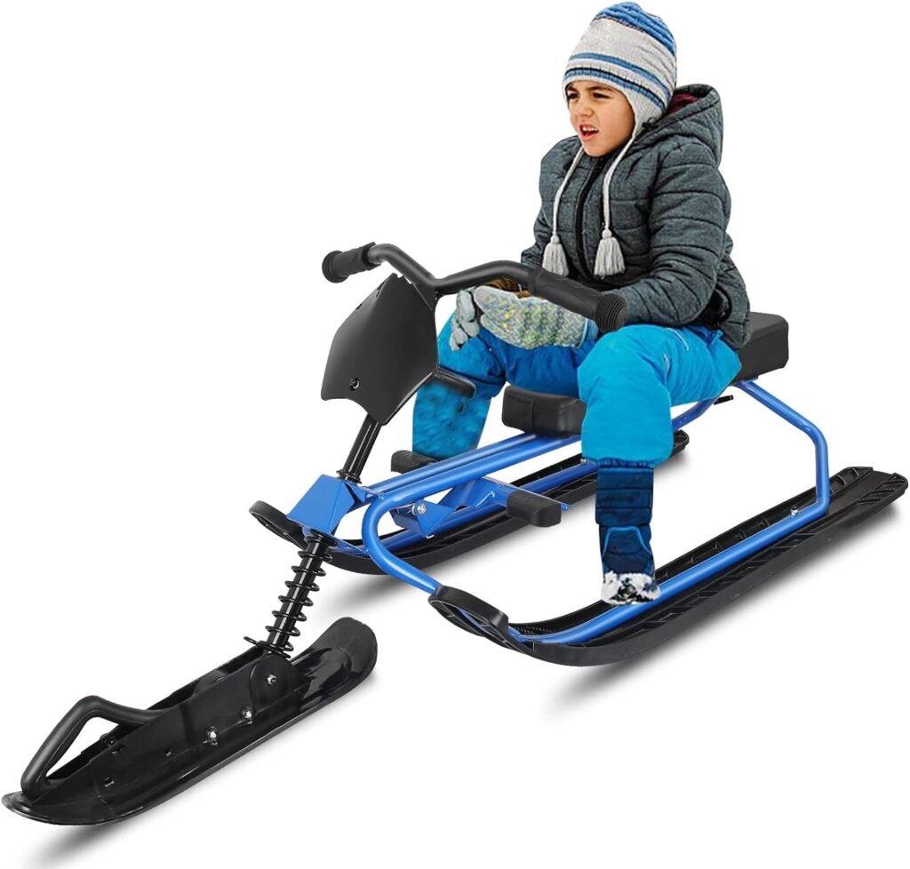 Wodesid Snow Racer Sled with Steering Wheel and Twin Brakes, Ski Sled Snowboard for Kids Teens and Adults Winter Sport Ski Sled Slider Board for Downhill and Uphill