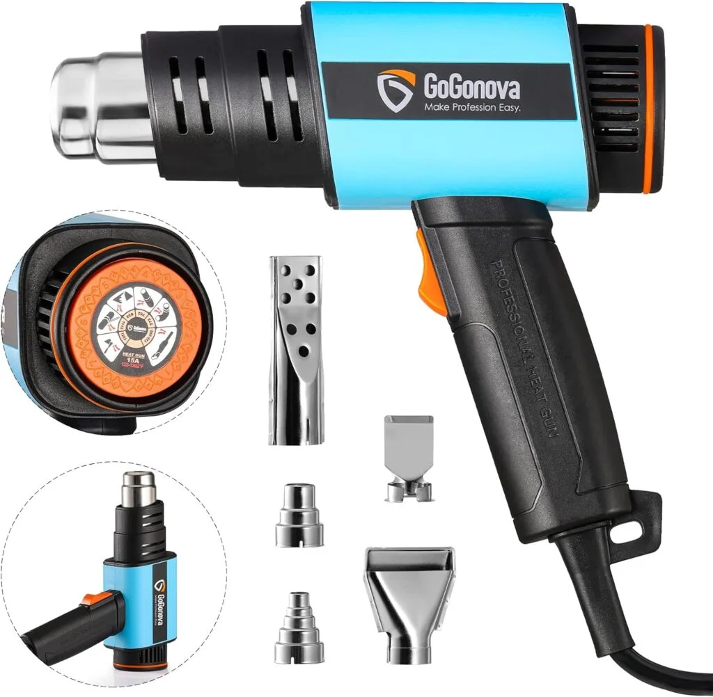 1800W Heat Gun, GoGonova Heavy Duty Soldering Hot Air Gun, Stepless Adjustment 122℉ to 1202℉ with Application Icon, Dual Airflow, Compact Design with 5 Nozzles for Shrink Tubing, Wrap, Crafts(Blue)