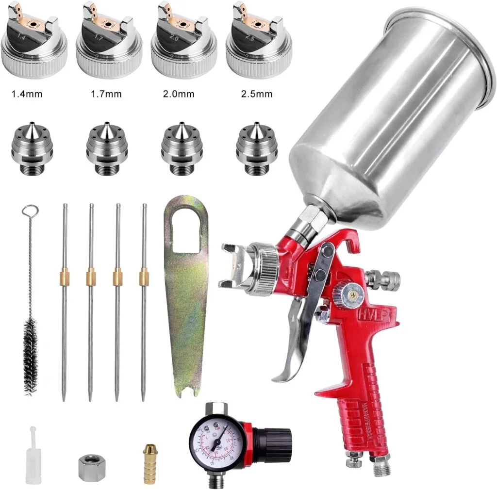 Aflybltol High-Performance HVLP Spray Gun with 1.4mm 1.7mm 2.0mm 2.5mm Tips,1000cc Aluminum Cup, and Air Pressure Regulator Gauge for Car Furniture Body Repair Painting(Red)