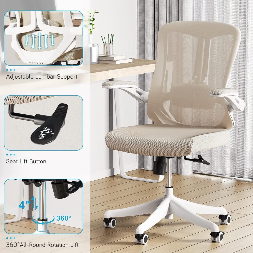 balmstar Ergonomic Chairs For Home Office Desk , Breathable Mid-Back Comfortable Mesh Computer Chair with PU Silent Wheels, Flip-up Armrests, Tilt Function, Lumbar Support (Khaki)