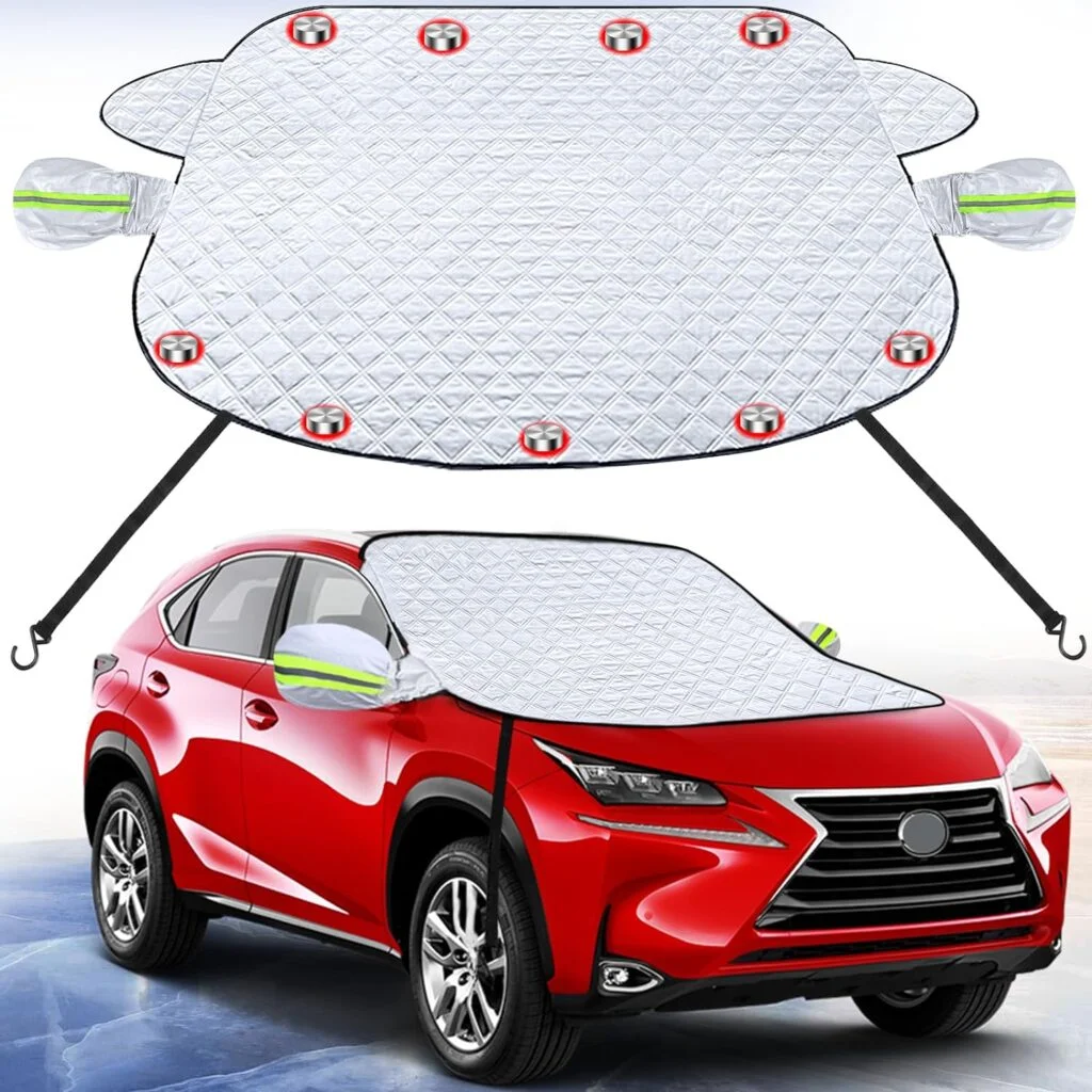 Car Windshield Snow Cover for Ice and Snow,Winter Car Snow Cover with Magnetic Edges and Windproof Webbing Straps,Windscreen Frost Protector Covers,for Most Car SUV RV Vans and Trucks (62 X 49.6)
