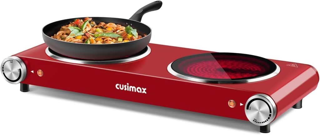 CUSIMAX Electric Stove, 1800W Double Burner, Electric Hot Plates for cooking Infrared Ceramic Burner, Dual Countertop Cooktop, Stainless Steel Red, Compatible for All Cookwares