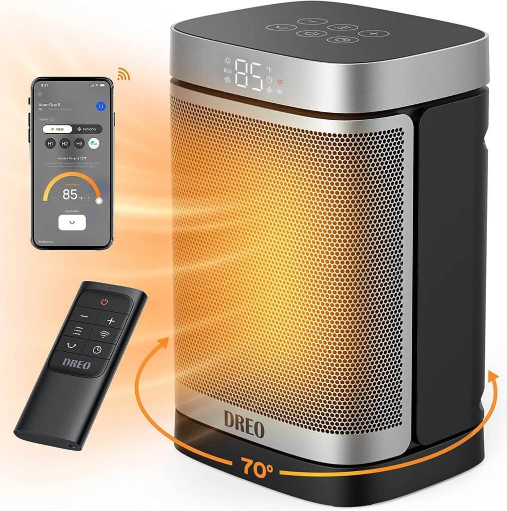 Dreo 1500W Smart Space Heaters for Indoor Use, Portable Heater with 70°Oscillation, WiFi Alexa Google Assistant Electric Heater, with Thermostat Remote, Safety Small Heater for Office Home