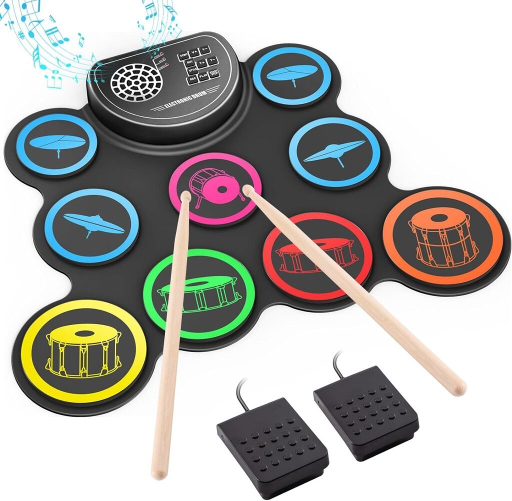 Electronic Drum Set, Sboet 9 Drum Practice Pad with Headphone Jack, Roll-up Drum Kit Machine with Built-in Speaker Drum Pedals and Sticks 10 Hours Playtime, Great Christmas Holiday Gift for Kids