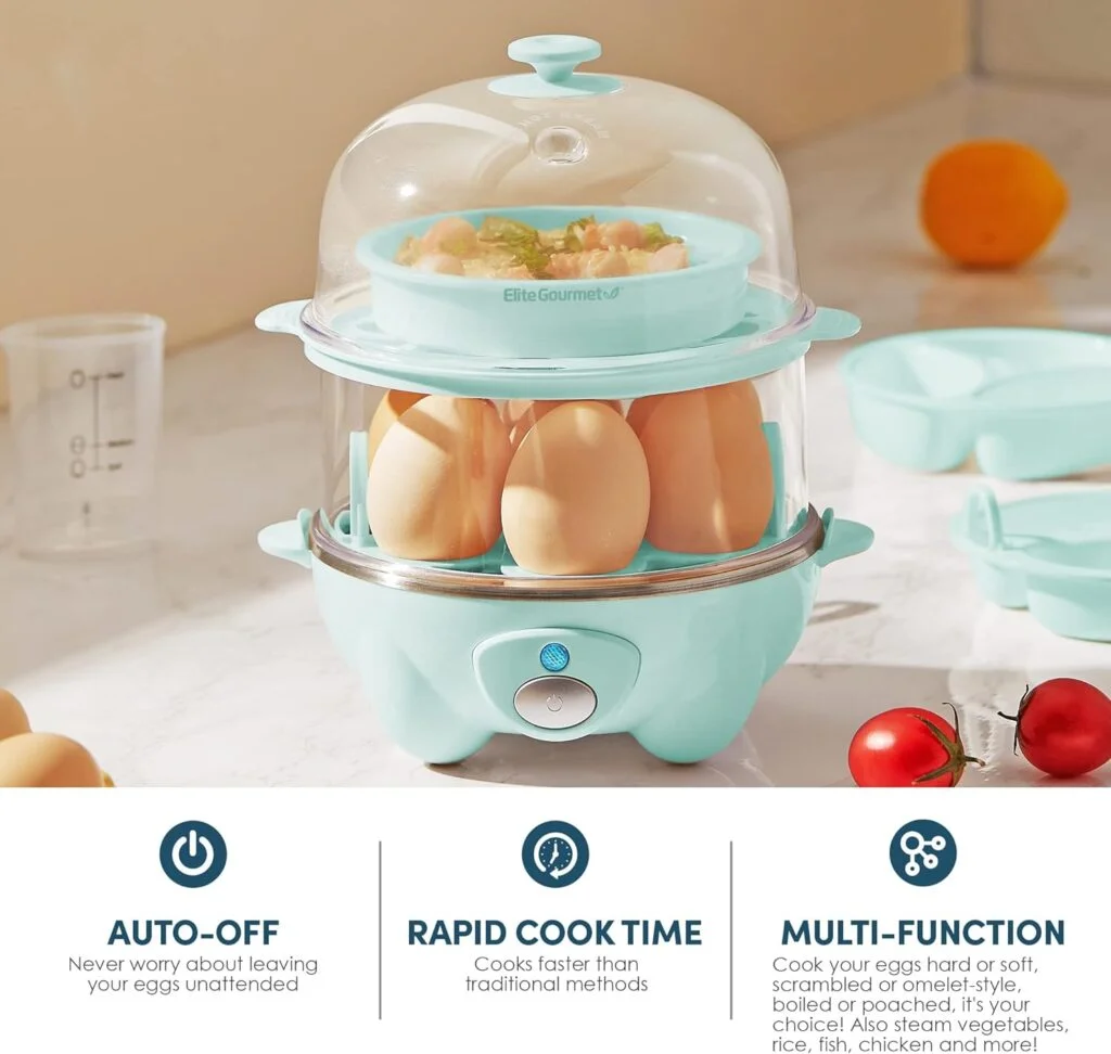Elite Gourmet EGC1405M 2-Tiered Rapid Egg Cooker, 5-Egg Poacher, Omelets, Soft, Medium, Hard-Boiled Eggs with Auto Shut-Off and Buzzer, BPA Free, 14 eggs, Mint