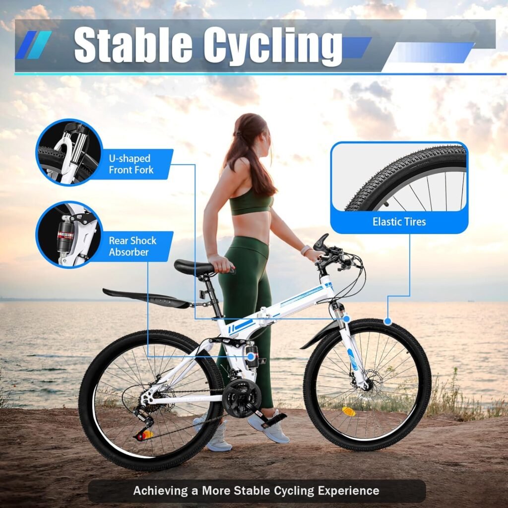 Futchoy 26 Inch Foldable Mountain Bike, 21-Speed, Dual Disc Brake, Steel Frame, Front and Rear Brakes, Precision Shifting, Folding MTB for Adults/Men/Women