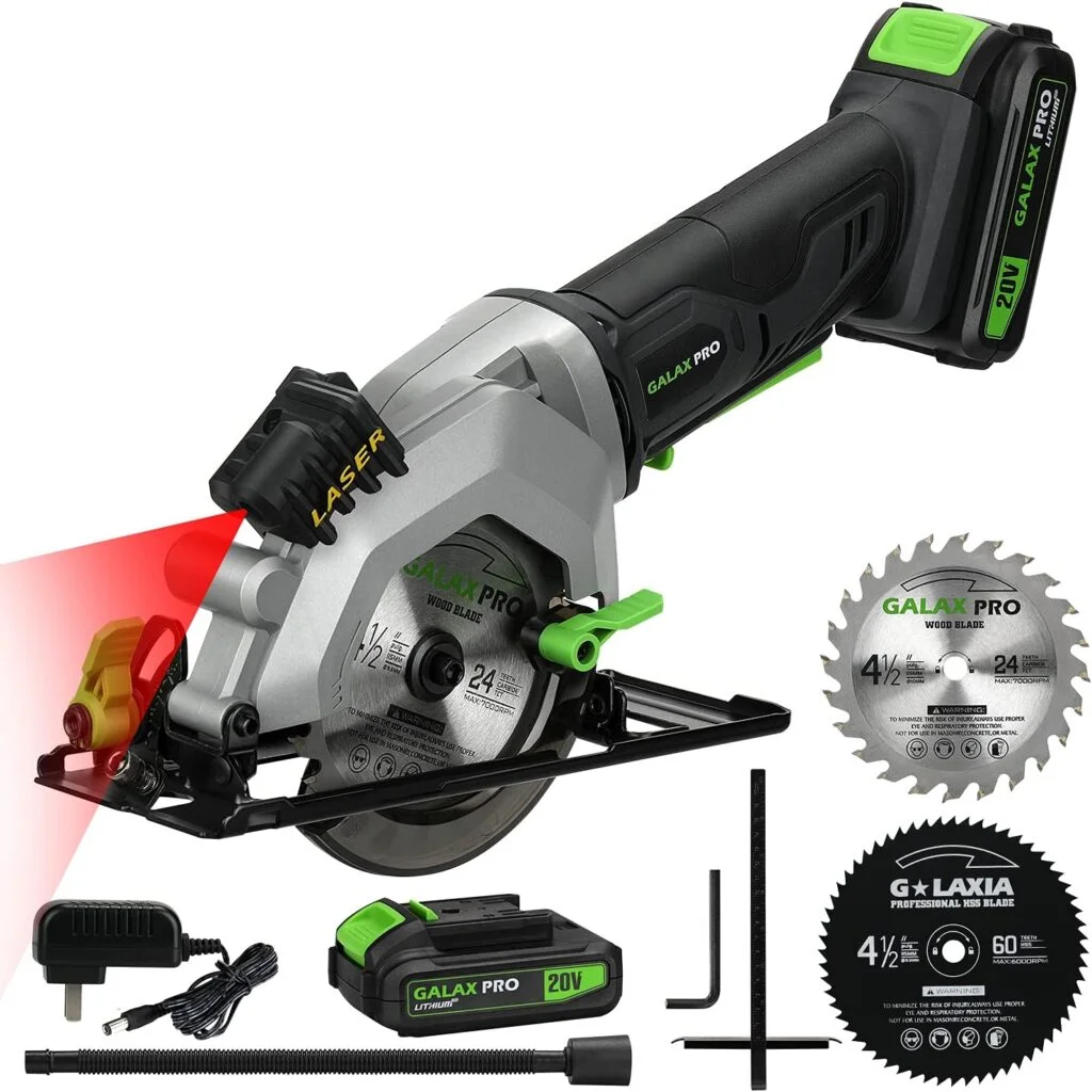 GALAX PRO 20V 4-1/2 Cordless Circular Saw with 2.0Ah battery, Laser Guide, Rip Guide, 2 Pcs Blades(24T+ 60T), 3400RPM, Max Cutting Depth 1-11/16(90°), 1-1/8(45°)