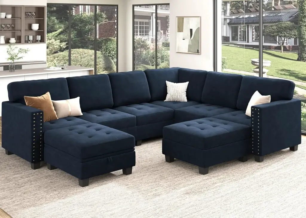 HONBAY Velvet Modular Sectional Sofa, Convertible L Shaped Sofa Couch with Storage Top Tray Ottoman Corner Sectional Couch, Dark Blue