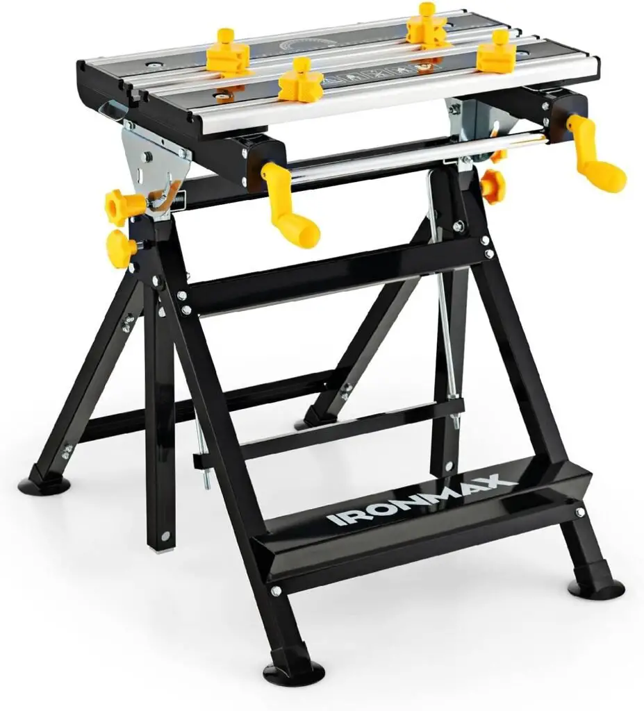 IRONMAX Portable Work Bench, 7-Level Height Adjustable Reclining Work Table w/ 8 Sliding Clamps, Folding Workbench and Vise for Cutting, Saw, Paint