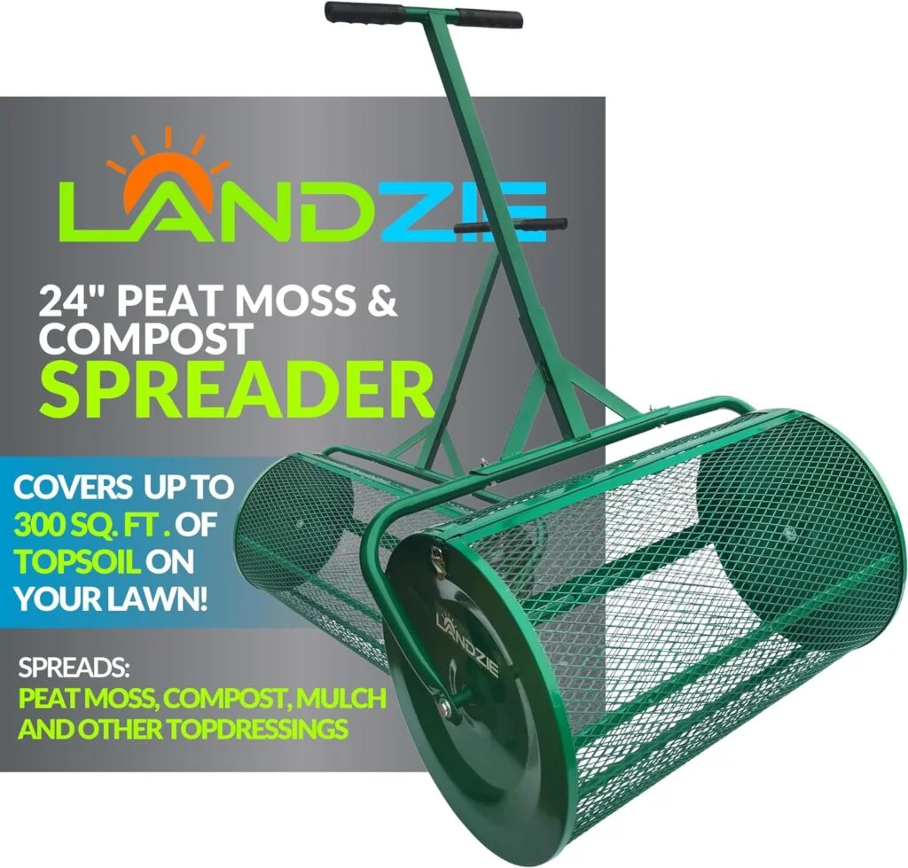 Landzie Spreader with Upgraded Side Clasps, Peat Moss Spreader, Metal Mesh Basket, Comfort Grip Handles, and Compost Spreader for Lawn and Garden