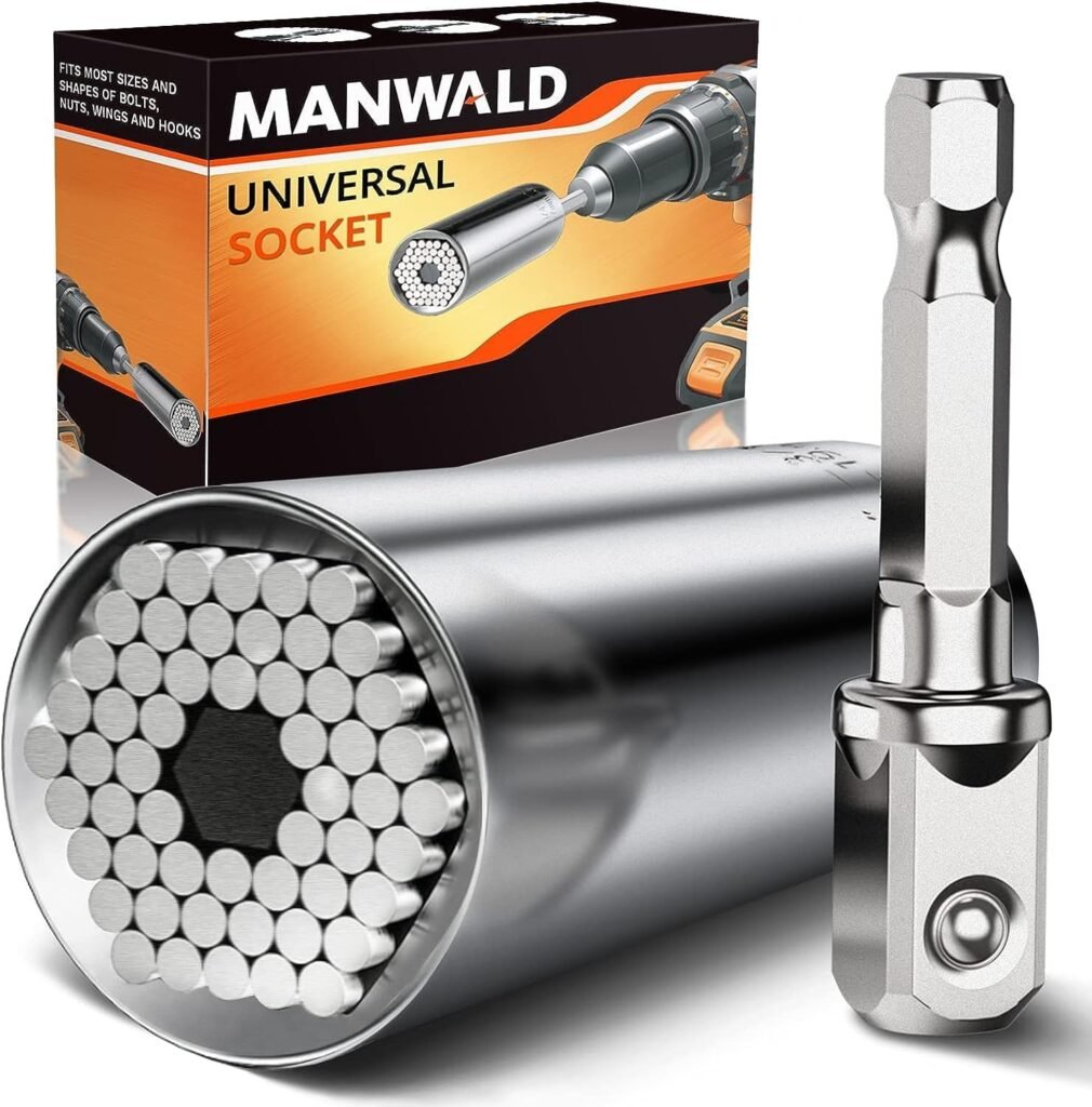 MANWALD Universal Socket Tool, Stocking Stuffers for Men, Super Socket Unscrew Any Bolt, Adjustable Socket Drill with Adapter, Christmas Gifts for Men, Mechanic, Electrician, Handyman, 2 PCS, Silver