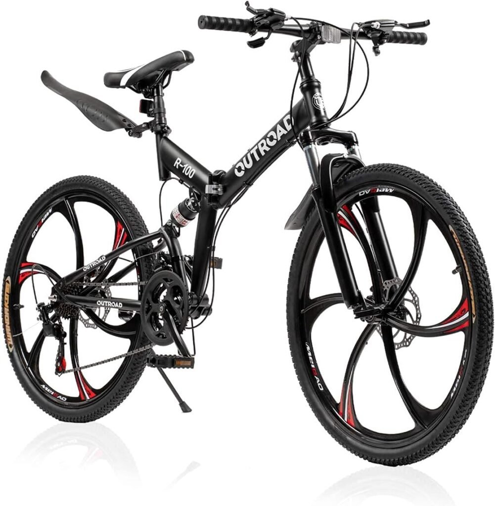 Max4out 26 Inch Folding Mountain Bike, 21 Speed Full Suspension Bicycle with High-Carbon Steel, Dual Disc Brake Non-Slip Quick Release tire Folding MTB for Adults/Men/Women