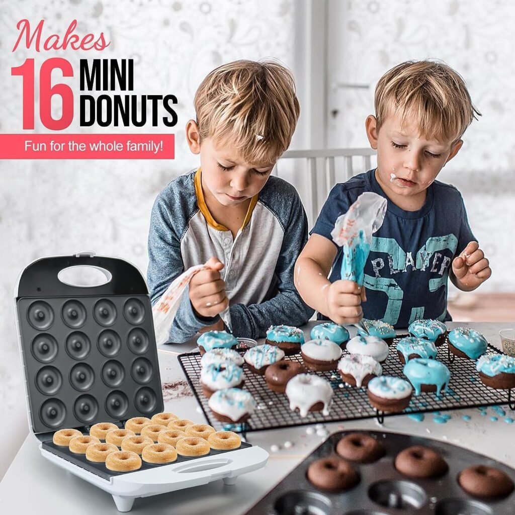 Mini Donut Maker,Mini pancakes maker Machine for Breakfast, Snacks, Home Bakery Dessert Shop Mall Dessert Shop and More More with Non-stick Surface,Double-sided Makes 16 Doughnuts -(US 110V) White