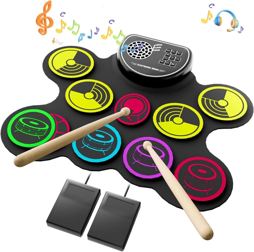 Miortior Electronic Drum Set, 10 Pads Roll-up Drum Practice Pad with Drum Pedals Drum Sticks, Portable Drum Pad Machine Built-in Speaker with Headphone Jack, Great Christmas Birthday Gift for Kids
