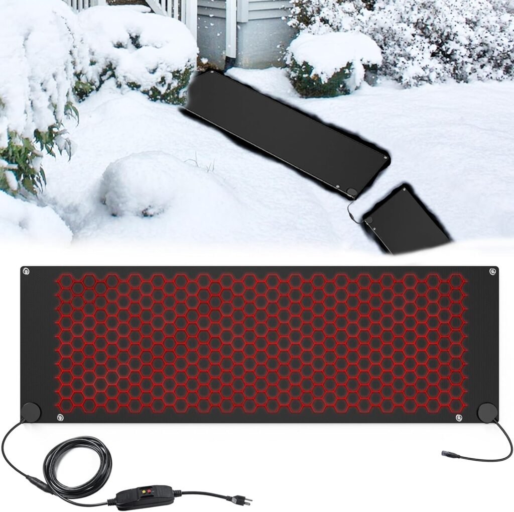 Miveda Snow Melting Mats, Thickened Non-Slip Rubber Heated Outdoor Mats With 11 ft Power Cord and Outlet Timer, Thermostatic Snow Melting Mats Outdoor for Driveway Stairs Steps Walkways , Black, 20*60