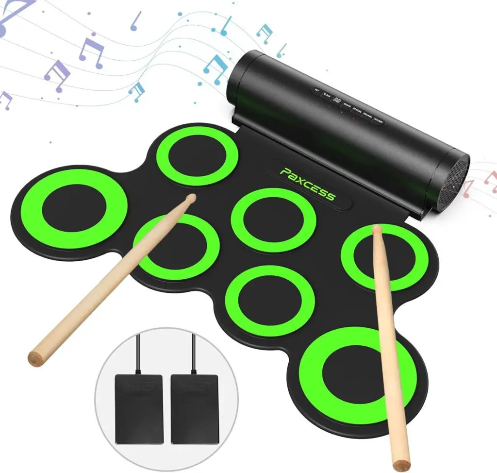 PAXCESS Electronic Drum Set, Roll Up Drum Practice Pad Midi Drum Kit with Headphone Jack Built-in Speaker Drum Pedals Drum Sticks 10 Hours Playtime,Great Holiday Birthday Gift for Kids