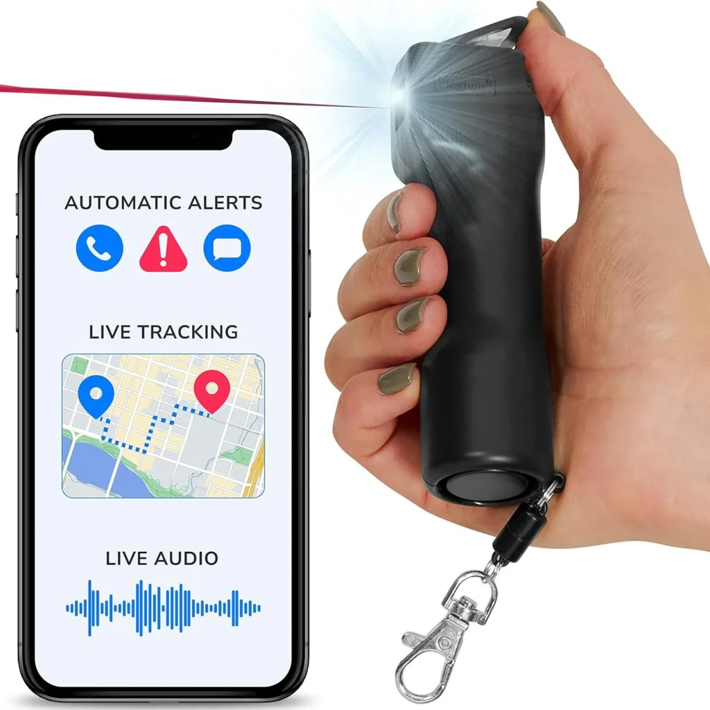 Plegium Smart Pepper Spray 5-in-1 Free GPS Location Emergency Texts Live Tracking — Self Defense Keychain Pepper Spray for Women and Men, Bluetooth, Piercing Siren, LED Strobe Light, Black