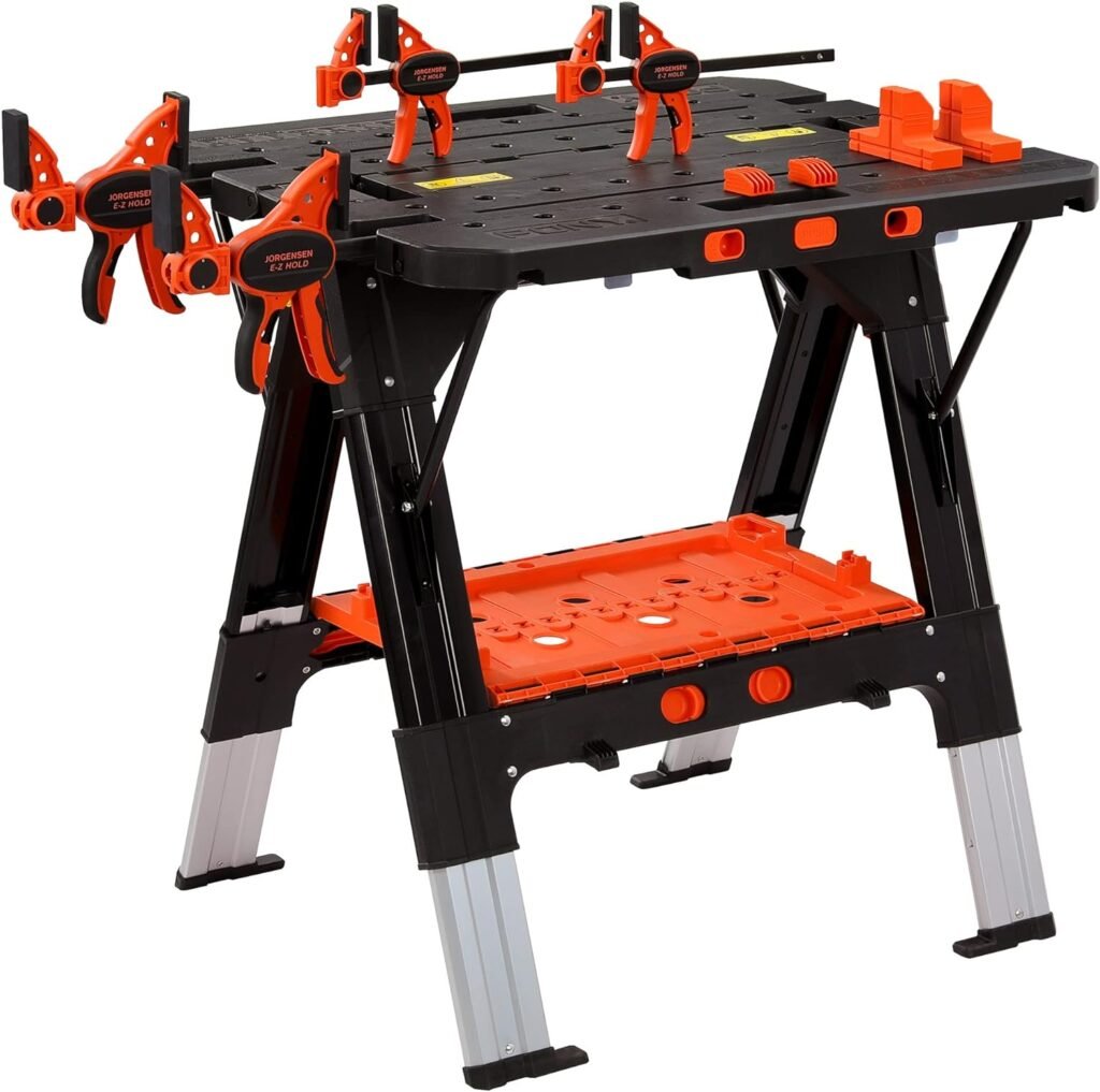Pony Portable Folding Work Table, 2-in-1 as Sawhorse Workbench, Load Capacity 1000 lbs-Sawhorse 500 lbs-Workbench, 31” W×25” D×25”-32”H, with 4pcs Clamps, 4pcs Bench Dogs, 2pcs Safety Straps