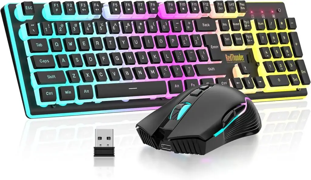 RedThunder K10 Wireless Gaming Keyboard and Mouse Combo, RGB Backlit Rechargeable 3800mAh Battery, Mechanical Feel Anti-ghosting Keyboard with Pudding Keycaps + 7D 3200DPI Mice for PC Gamer (Black)