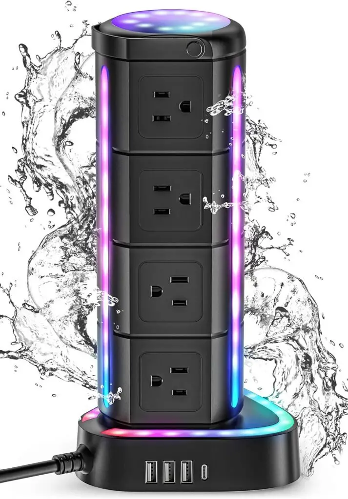 RGB Power Strip Tower with USB C PD 20W, Waterproof Surge Protector with 12 Outlets and 3 USB Ports, 2000J 1875W 6ft Extension Cord, Charging Station for Gaming Party Home Office