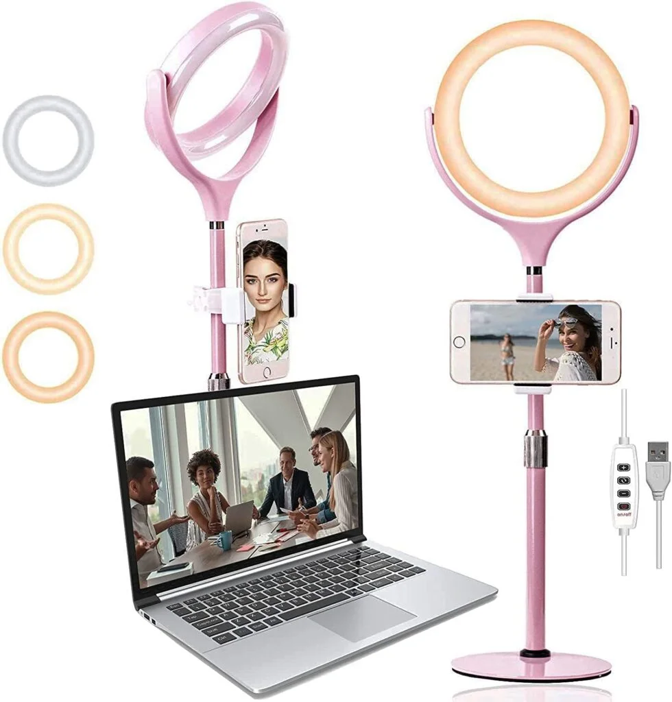 Ring Light Laptop Video Conference Light, 8’’ Desk Selfie Ring Light with round base and Phone Holder, for Zoom Meetings, Video Recording, Office Video Calls, TikTok, Makeup, Live Stream, YouTube(Pink