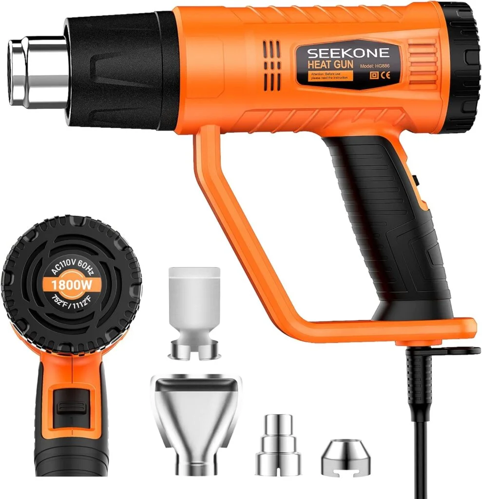 SEEKONE Heat Gun 1800W Heavy Duty Fast Heat Hot Air Gun Kit with 752℉1112℉（400℃-600℃） Dual-Temperature Settings and 4 Nozzles with Overload Protection for Crafts, Shrinking PVC, Stripping Paint