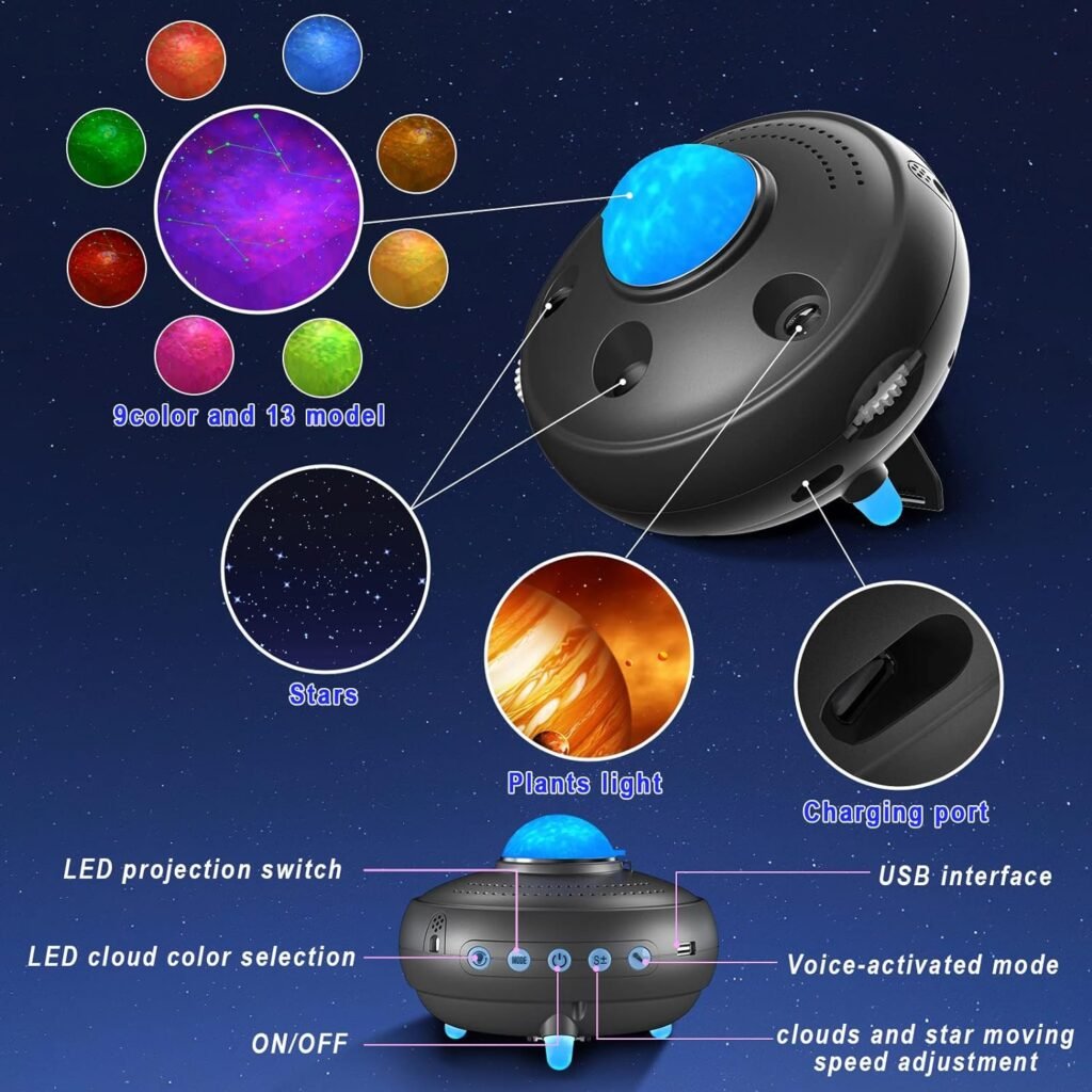Star Projector, Galaxy Projector Night Light with 12 Constellations and 15 Planets Galaxy Light Projector with Bluetooth Music Speaker Voice and Timer 10 Color LED Starry Projector for Kids Adults