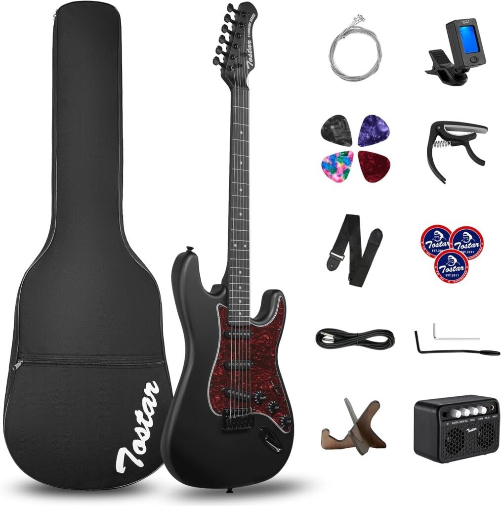 TOSTAR 39 Inch Full Size Electric Guitar Kit Solid Body Electric Guitar Beginner Kits with 10W Amp, Tuner, Capo, Wooden Guitar Stand, 6 String Set, 4 Guitar Picks, Cable, Strap, 600D Bag (Matte Black)