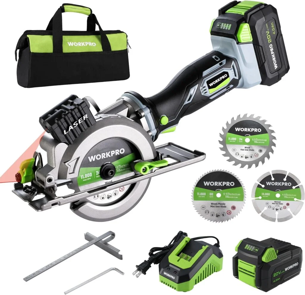 WORKPRO 20V Cordless Mini Circular Saw, 4-1/2 Compact Wireless Circular Saw 4.0Ah Battery, Fast Charger, 3 Saw Blades, 4500RPM, Laser Guide, Max Cutting Depth 1-11/16(90°), 1-1/8(45°)