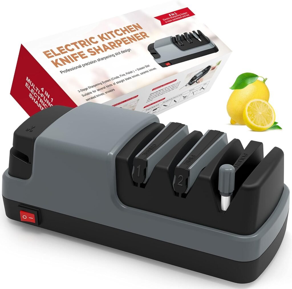 YOORLEAY Electric Knife Sharpener- 4 in 1 Electric Knife Sharpeners for Straight Blade Knives, Serrated Knives, Ceramic Knives and Scissors