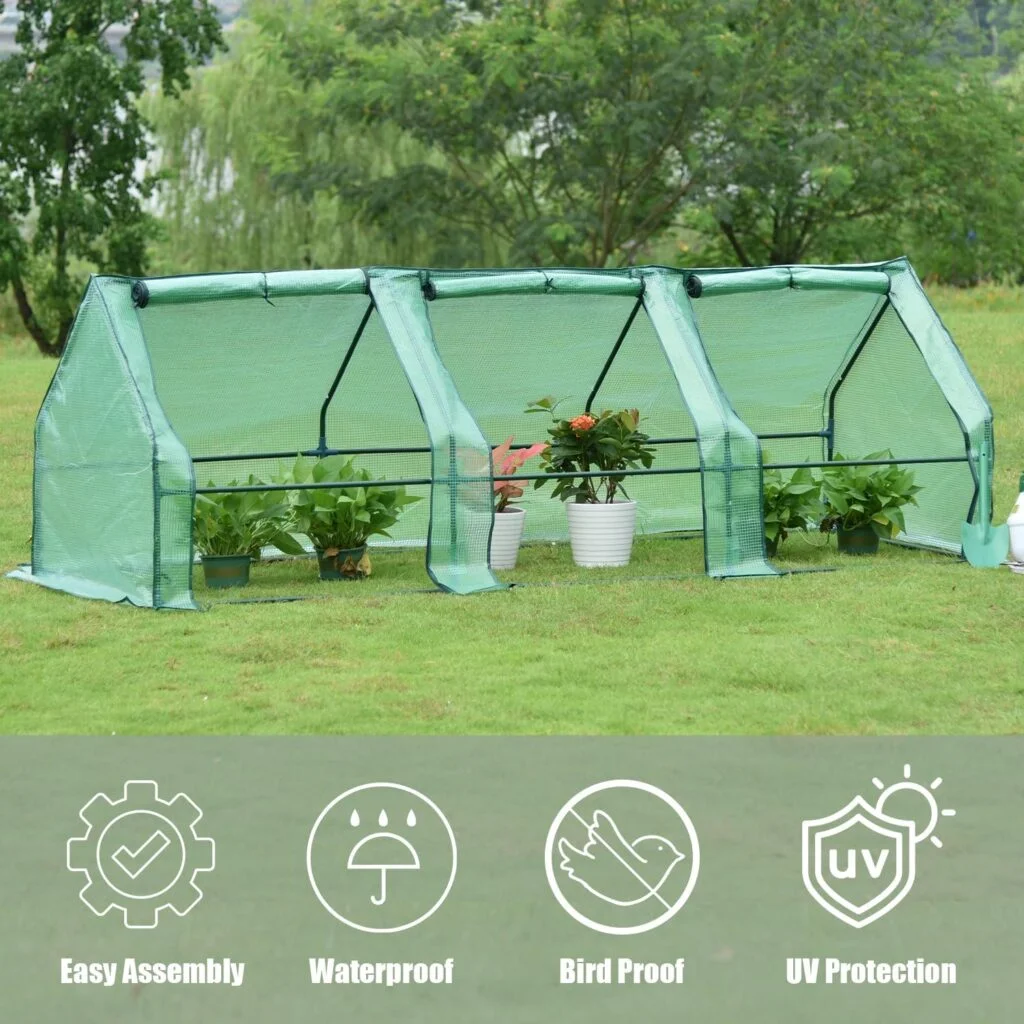 Aoodor 9 ft. x 3 ft. x 3 ft. Mini Greenhouse with 3 Zipper Doors, Water Resistant UV Protected for Flowers, Vegetables and Herbs - Green