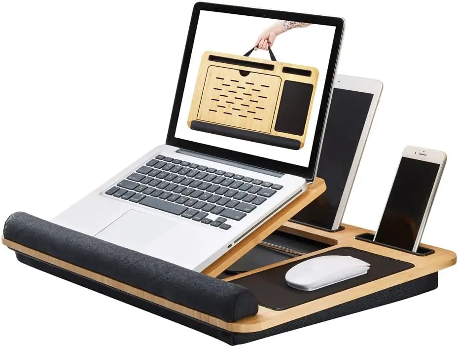 Bamboo Laptop Lap Desk Angle Adjustable, Sofa Bed Desk Portable with Cushion and Soft Wrist Pad, Laptop Stand with Mouse and Tablet Phone Holder (Natural Bamboo for Desk Black for Cushion)