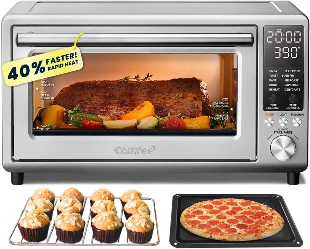 COMFEE Toaster Oven Air Fryer FLASHWAVE™ Ultra-Rapid Heat Technology, Convection Toaster Oven Countertop with Bake Broil Roast, 6 Slice Large Capacity 12’’ Pizza 24QT, 4 Accessories, Stainless Steel