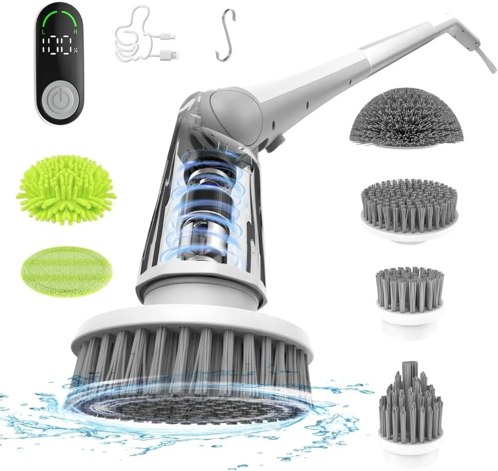 DANKARI Electric Spin Scrubber, Shower Scrubber with LED Display 6 Replacement Scrubber Head, 2H Bathroom Scrubber Dual Speed, Electric Scrubber for Cleaning Bathtub Grout Tile Floor, Light Gray