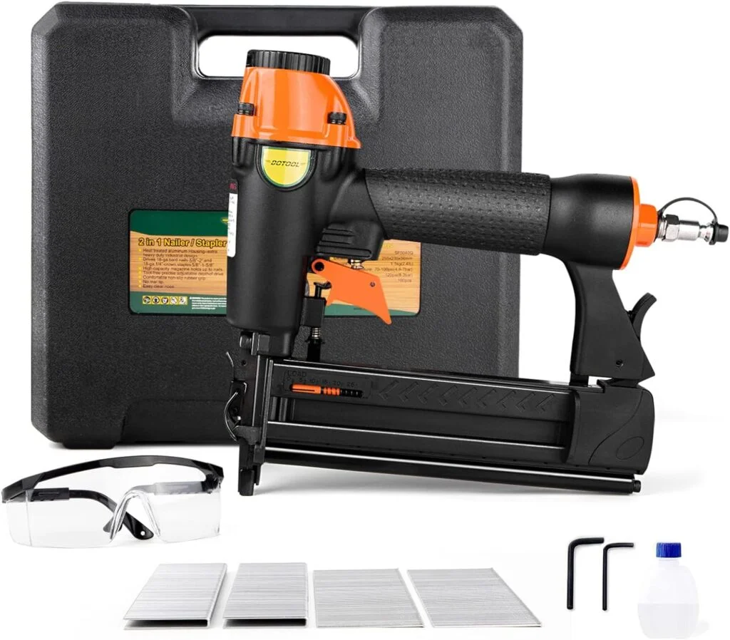DOTOOL 18 Gauge Pneumatic Brad Nailer 2-in-1 Nail Accepts 5/8 to 2 Inch Brad Nails and 5/8 to 1-5/8 Inch Crown Staples Tool-Free Air-powered Nail Gun Safety Glasses for Carpentry Uphostery Woodworking