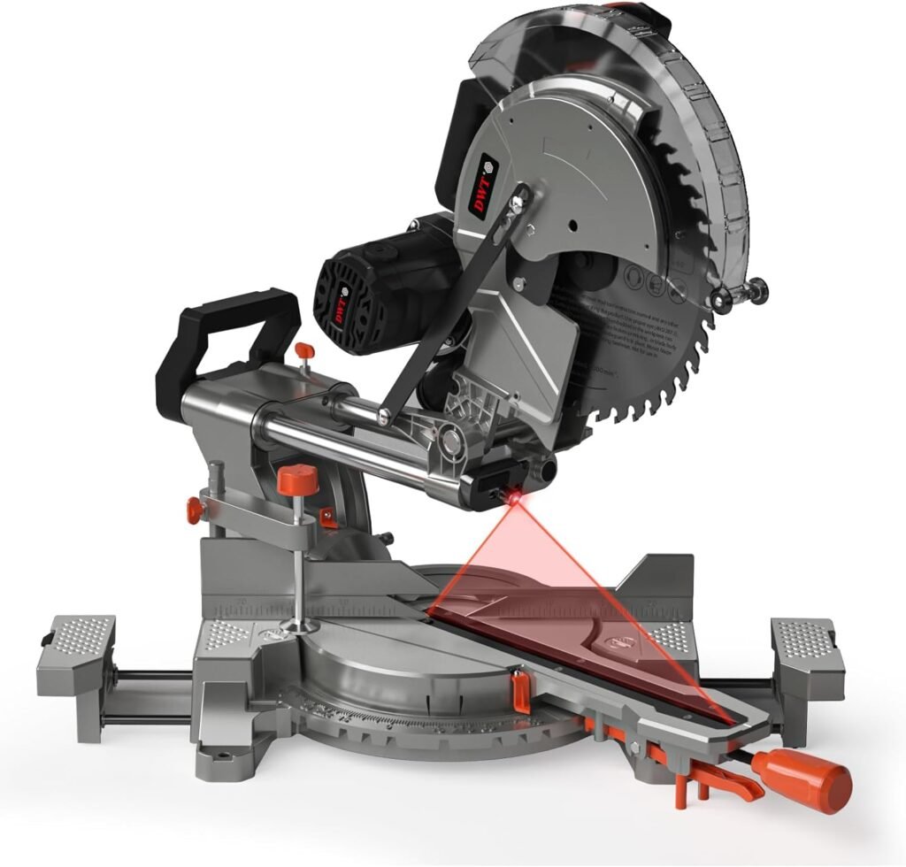 DWT Sliding Miter Saw, 12-inch Compound Miter Saw with Double Bevel Cutting(-45°/0°/+45°)/Laser Guide/9 Positive Stops/3800RPM, 15Amp Miter Saw with Extension Table, 4.2x13in Cutting Capacity-HM1247A