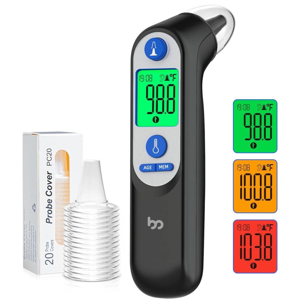 Ear Thermometer, 1 Second Accurate Digital Thermometer for Adults Kids Babies, 3 Age Groups 3 Color Backlight Display Fever Alarm 30 Memory Recall, Infrared Touchless Thermometer for Whole Family