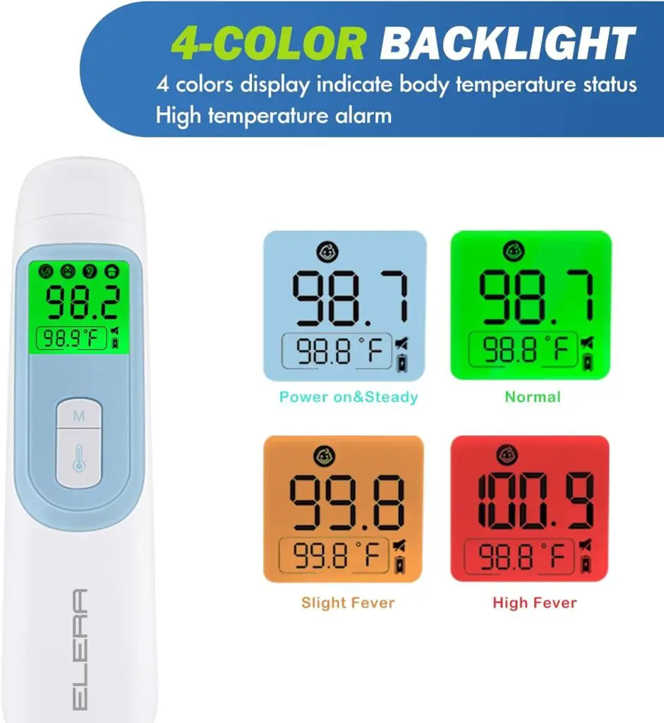 Ear Thermometer for Baby, ELERA Infrared LCD Thermometer with Automatic Switching Mode of Ear Forehead, 1s Measurement, 4 Color Backlight Display with Fever Indicator