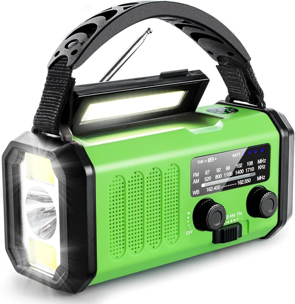 Emergency Hand Crank Radio with 10000mAh Battery Backup, AM FM NOAA Weather Radio, Type-C Charge,Solar Radio,SOS, 3 Modes LED Flashlight，Reading Lamp, Compass for Outdoor Survival