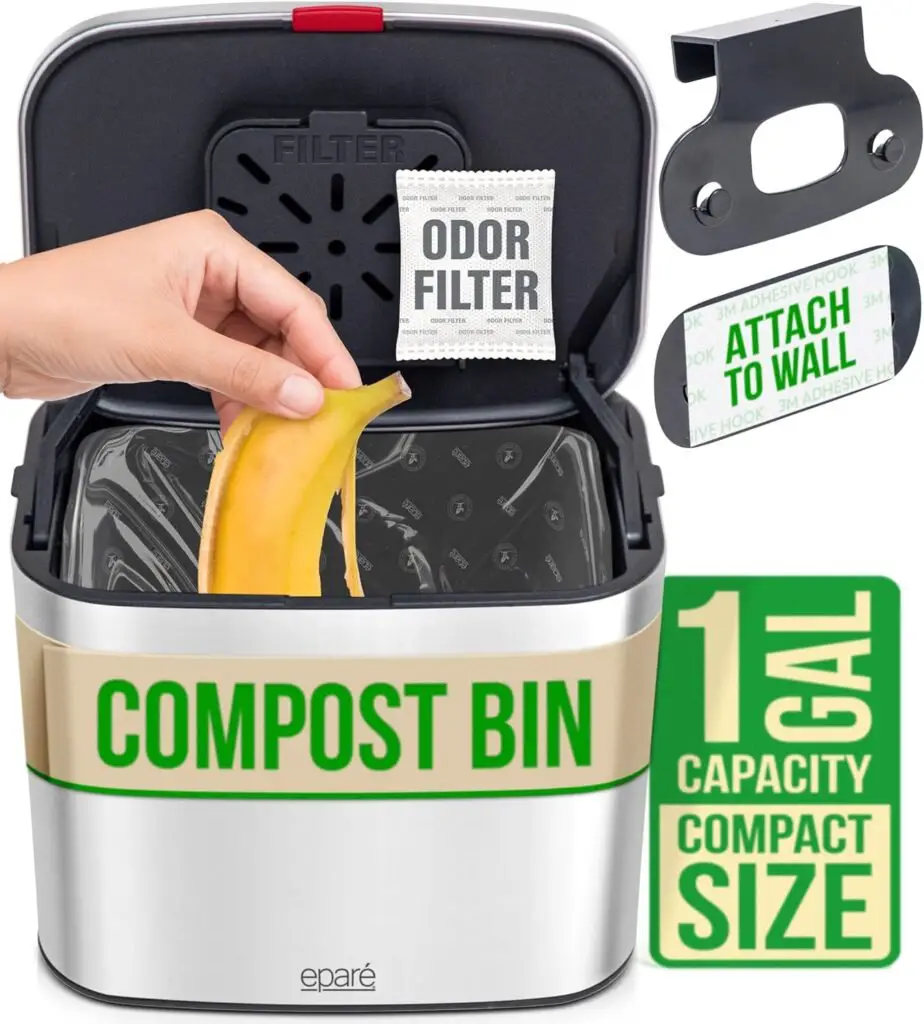 Eparé Compost Bin Kitchen Countertop - 1 Gal Odorless Stainless Steel Hanging Compost Bin - Small Indoor Food Waste Counter Top Trash Bin - with Carbon Odor Filter