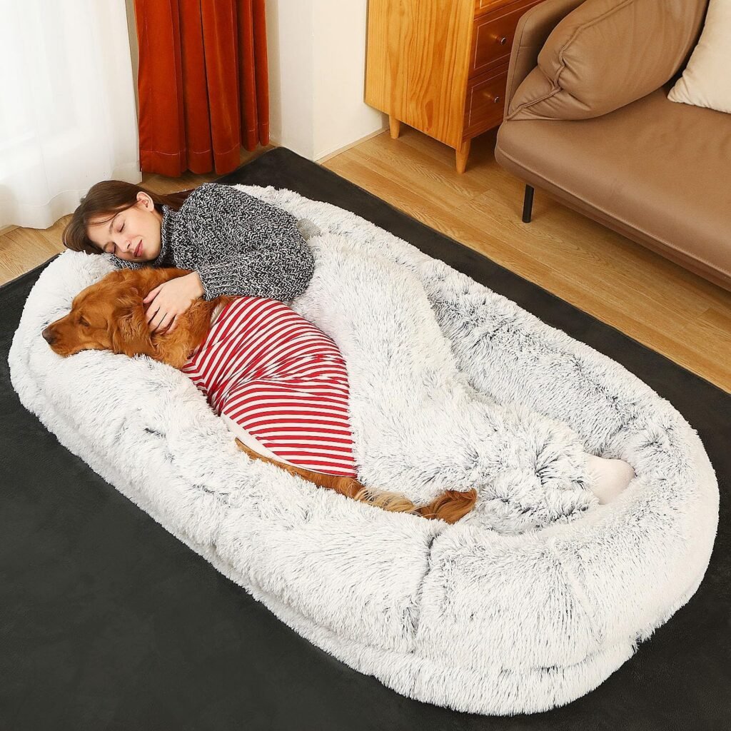 FZYSFZ Human Dog Bed, 71x45x12 Orthopedic Washable Humans Size Dog Bed Fits People and Pets, Faux Fur Plush Dog Bed for Human Adults Doze Off, Napping with Blanket - Grey