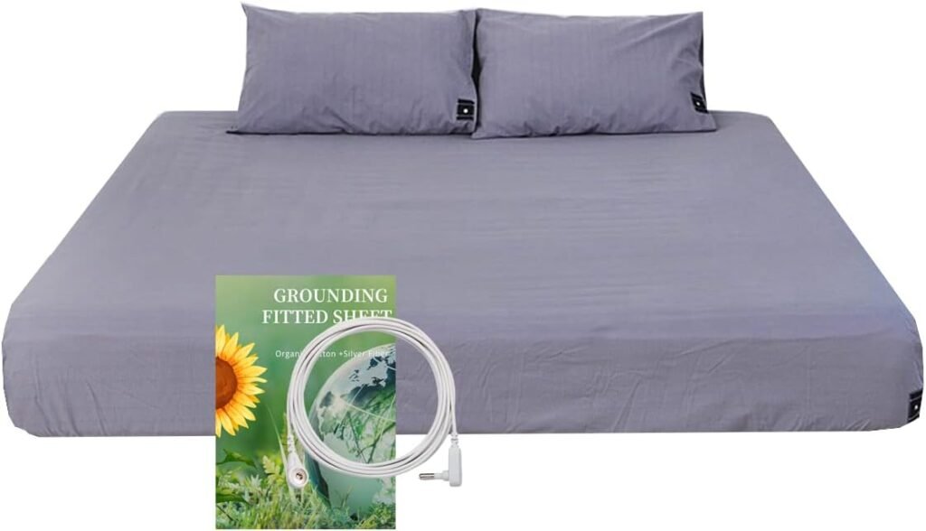 Grounding Fitted Sheet Kit, Conductive Sheet with Silver Fiber, Grounding Cord, Grounding Bed Cover for Efficient Sleep, Reduce Stress Natural Health,Grey (Queen)